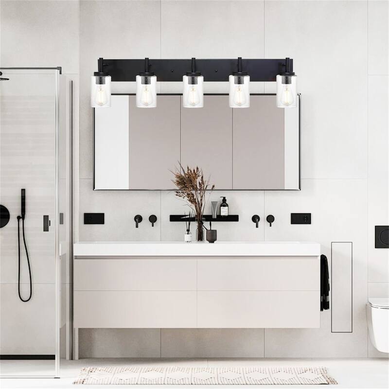 5-Light Black Vanity Light with Seeded Glass Shades