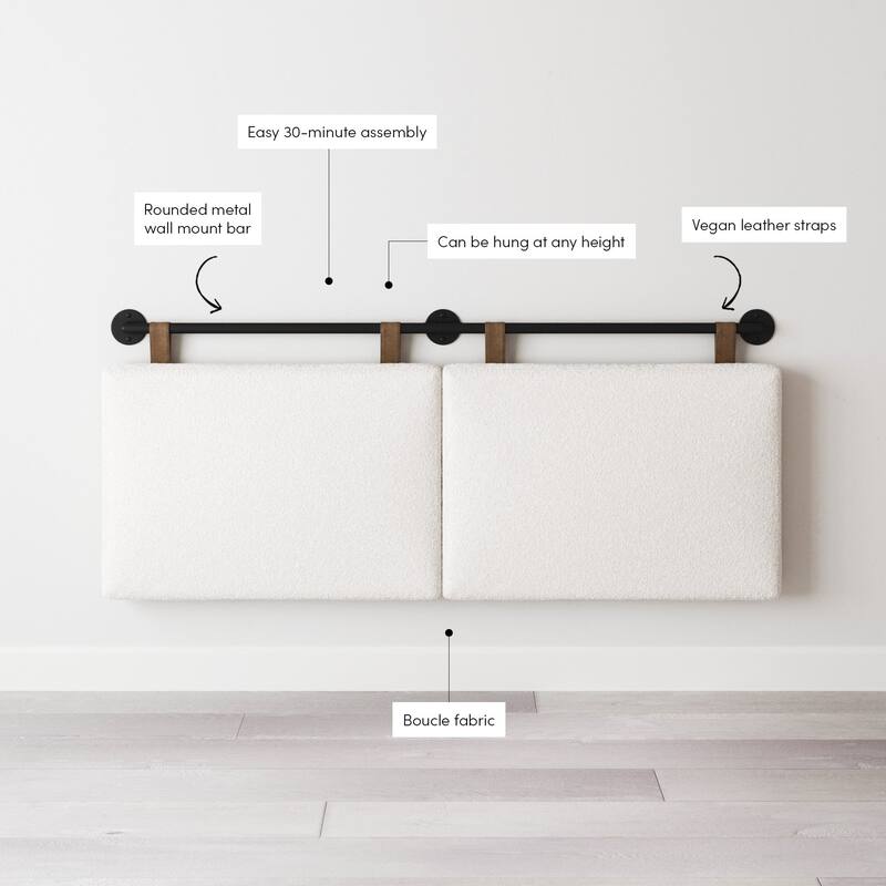Charlie Wall Mount Boucle Upholstered Padded Headboard, Adjustable Height with Metal Rail