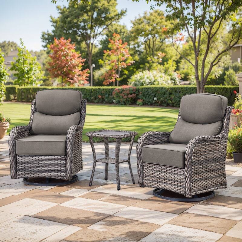 Outdoor Swivel Wicker Patio Chairs Set with Side Table - Swivel Chair with Side Table - Grey Rattan - Beige Cushion