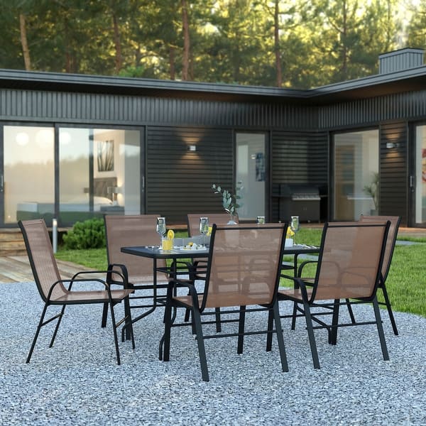 slide 2 of 11, 7-Piece Rippled Glass Outdoor Patio Table and Stacking Chairs Set Brown