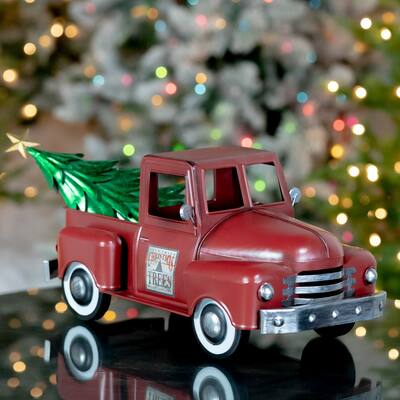 Iron Christmas Truck with Tree in Antique Red - 21"x9"x9.25"