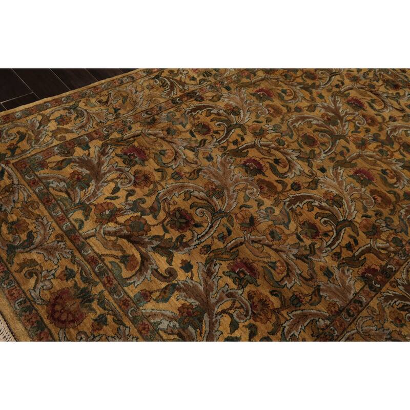Agra Traditional Botanical Plush Pile Gold Wash Silky Sheen 5'11''x9 Hand Knotted New Zealand Wool Gold Rug - 5' 11'' x 9'