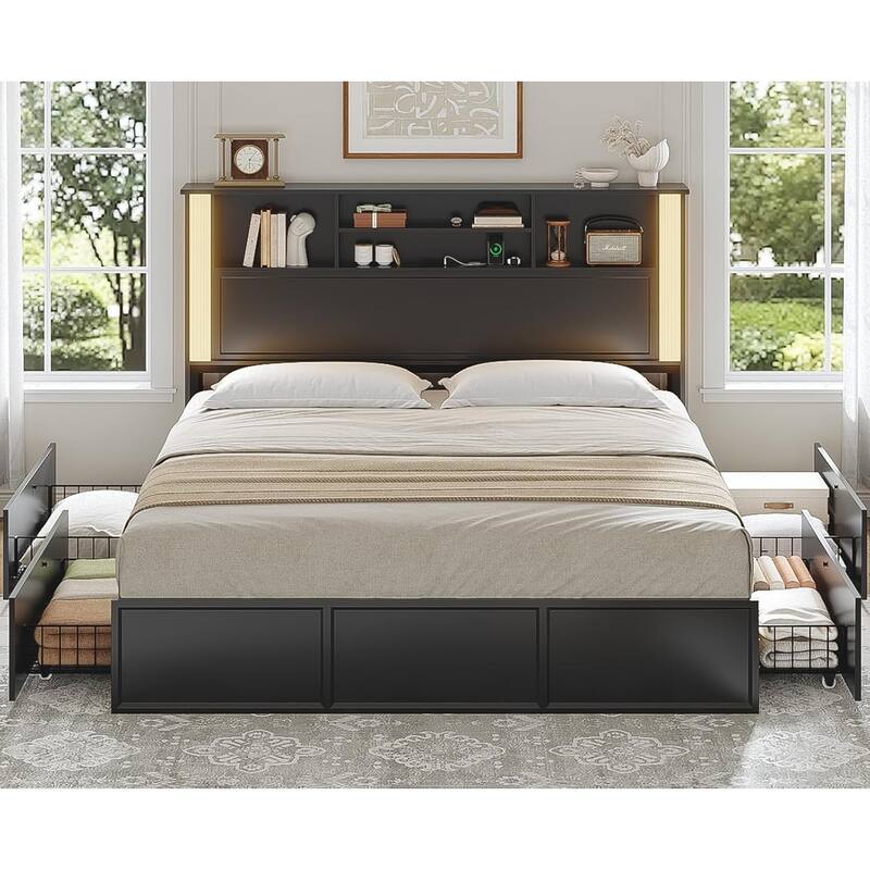 Bed Frames 4 Storage Drawers Storage Headboard Charging Station Metal Slats