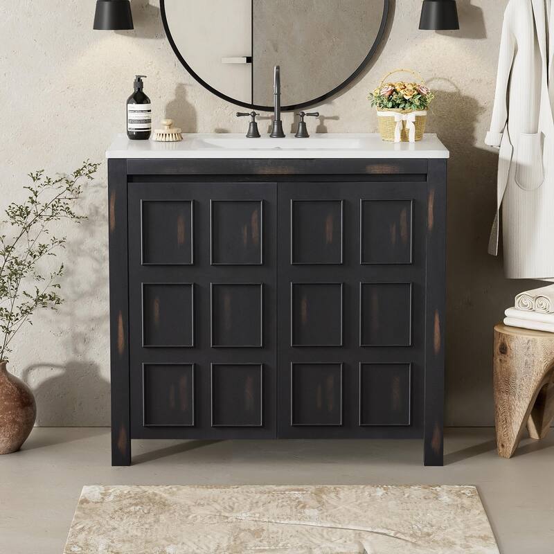 36" Bathroom Vanity Organizer with Ceramic Sink, Set Bathroom Storage Cabinet - Espresso