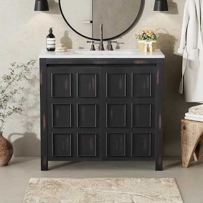 Bathroom Vanity with Resin Sink, Wooden Combo Cabinet Set, Bathroom Cabinet with 2 Soft Closing Doors & Adjustable Shelf
