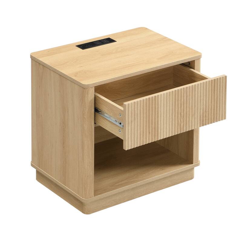 Nightstand with Outlet & USB Port, Modern Bedside Table with Charging Station and Storage Drawer, Modern Design