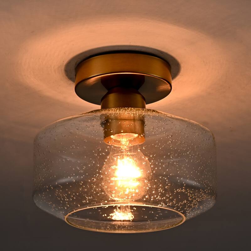 Pistoia Modern Gold Semi Flush Ceiling Light Seeded Glass Drum Shade, 1-Light