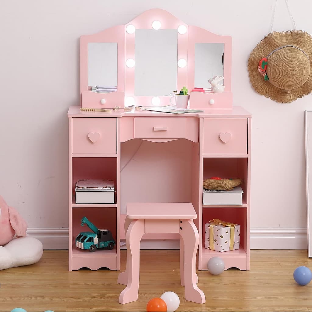 Kids Vanity Table, Girls Vanity with Tri-Folding Mirror