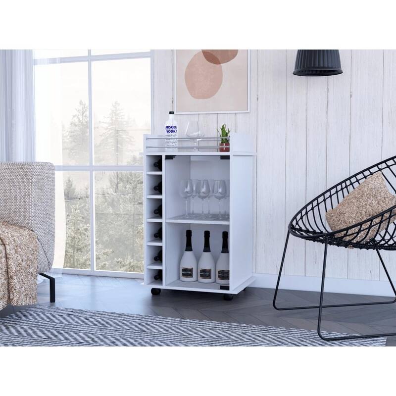 Stylish White Bar Cart with Glass Door, Two Shelves, Six Liquor Bottle Cubbies, and Locking Casters