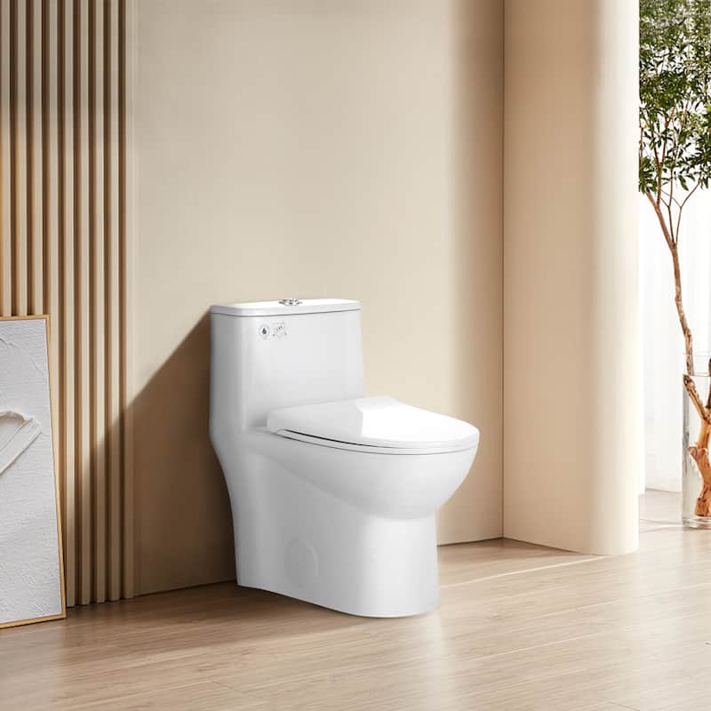 One Piece Toilet Elongated Floor-Discharge Dual Flush Glossy White