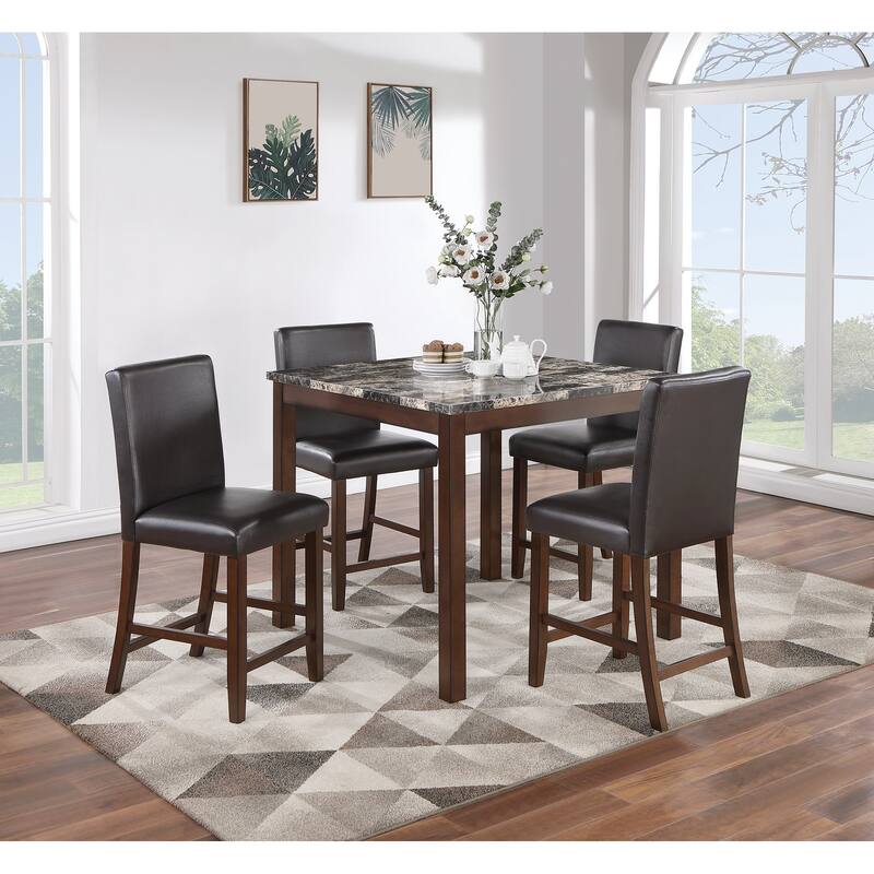 5 Pcs Counter Height Dining Set, Kitchen Dining Room Furniture Set with Faux Marble Square Table and Faux Leather Chairs - Espresso