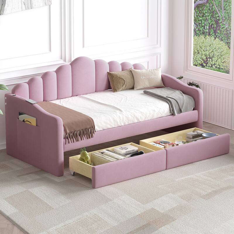 Modern Upholstered Daybed with 2 Drawers And USB Charging Ports - Pink - Twin