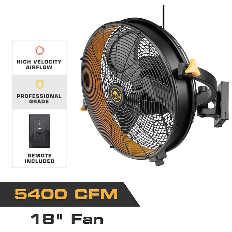 16" Mule Matte Black Outdoor Wet-Rated Pivoting Wall Fan with Remote, 3-Speed AC Motor - 18 Inches - Black - 18 Inches