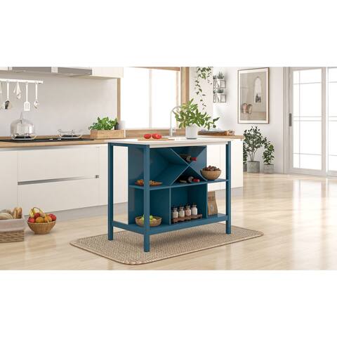 Wood Stationary Counter Height Kitchen Island Dining Table with Shelves and Wine Rack