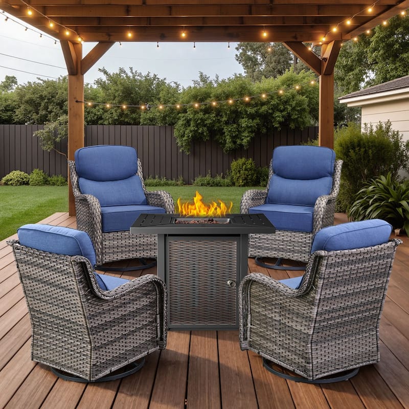 Arcadia 5-Piece Wicker Patio Set with 4 Swivel Glider Chairs and Square All-Iron Fire Pit
