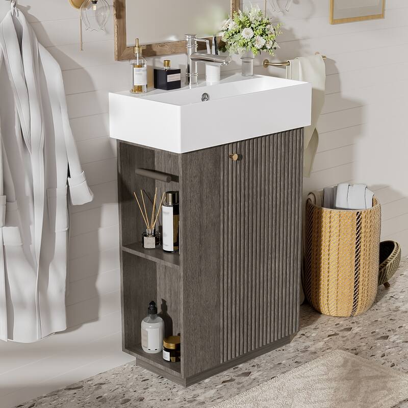 22" Bathroom Vanity with Ceramic Sink - Freestanding Modern Wood Grain Cabinet, Open & Closed Storage for Small Bathrooms