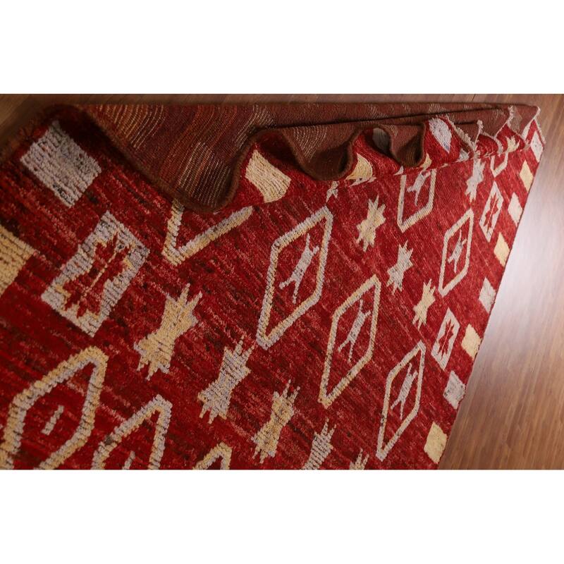 Hand Knotted Oriental 100% Wool Carpet Modern Tribal Red Moroccan Area Rug - 9' 8'' X 6' 10''
