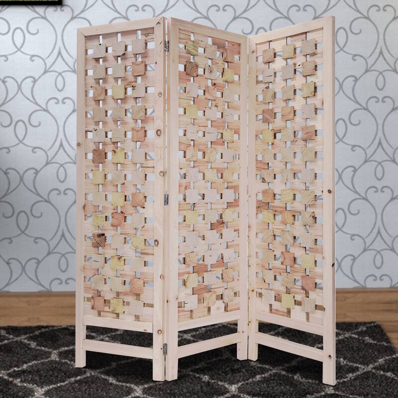 3 Panel Wooden Screen with Interspersed Square Pattern, Cream
