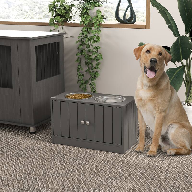 PawHut Large Elevated Dog Bowls with Storage Cabinet Containing Large 44L Capacity, Raised Dog Bowl Stand
