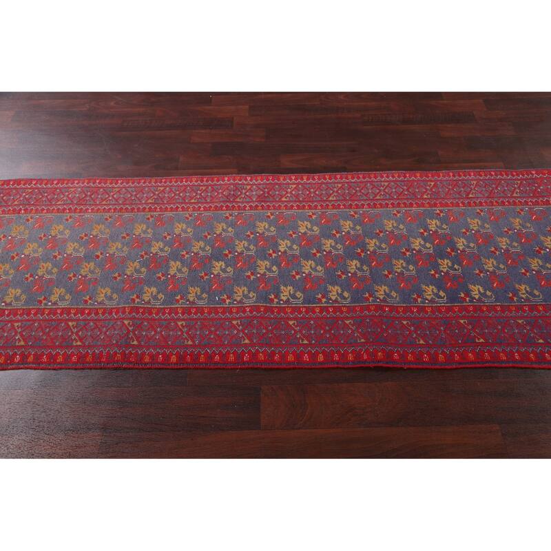 Hand Knotted Oriental 100% Wool Carpet Traditional Floral Navy Blue & Blues Balouch Runner Rug - 9' 5'' X 2' 8''