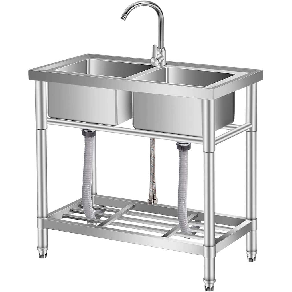 33" Stainless Steel Utility Sink,Double Bowl Commercial Sink with Faucet & Hot/Cold Water Pipes