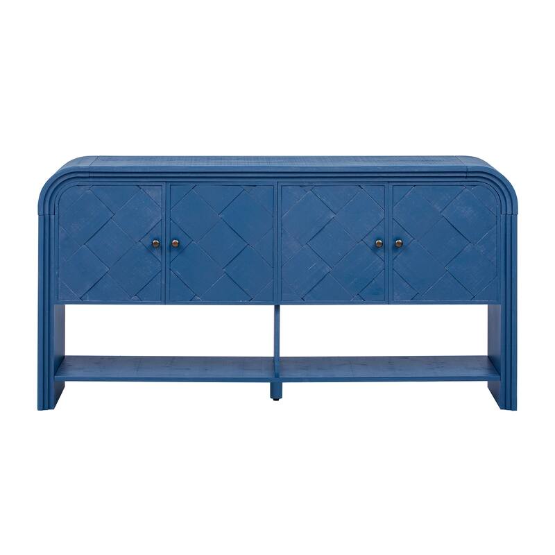 Versatile console table with Woven Wood Slats and Solid Wood Veneer - Dark Blue