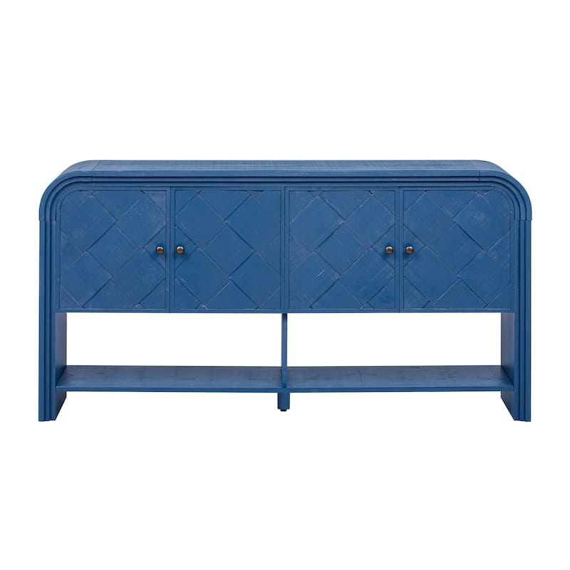 Wood Storage Table Buffet Sideboard, Cconsole Table with Woven Slat Doors, Accent Table with Step Design