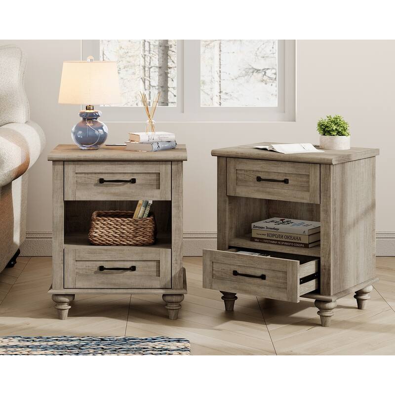 Farmhouse Nightstand Bedside Table, Wood 2-Drawer Side Table