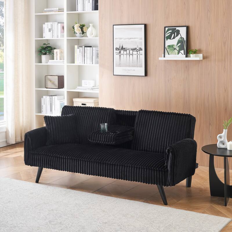 Black Corduroy Sofa for Living Room and Bedroom with Adjustable Backrest and Cup Holder