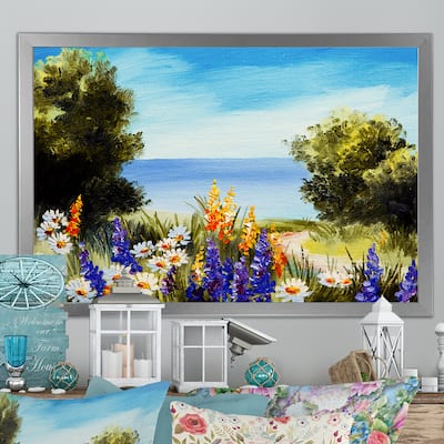 Designart "Spring Flowers On Ocean Scenery" French Country Framed Wall Decor
