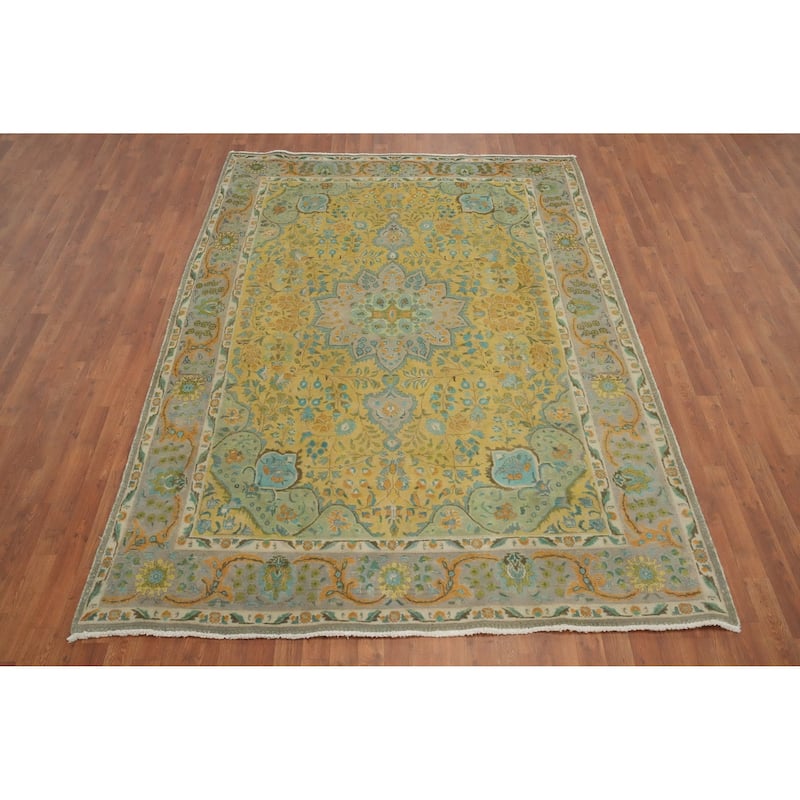 Hand Knotted Oriental 100% Wool Carpet Traditional Floral Yellow & Gold Tabriz Area Rug - 9' 4'' X 6' 8''