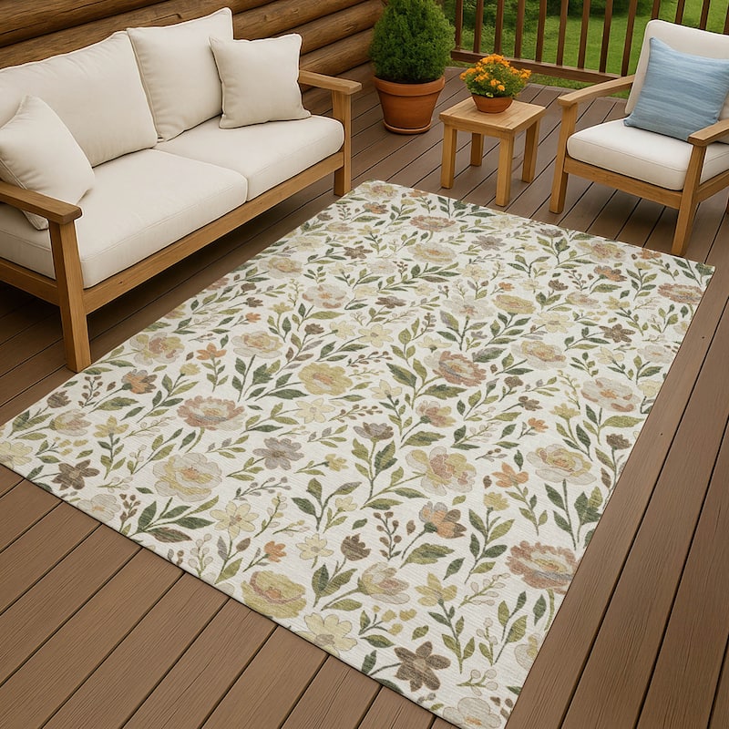 Machine Washable Indoor/ Outdoor Floral Garden Chantille Rug - Ivory - 10' x 14'