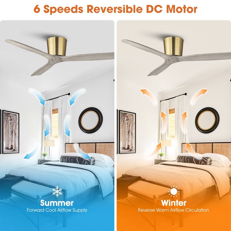 54" Modern Minimalist Weathered Solid Wood Gold Flush Mount Ceiling Fan with Remote and 6-Speed DC Motor