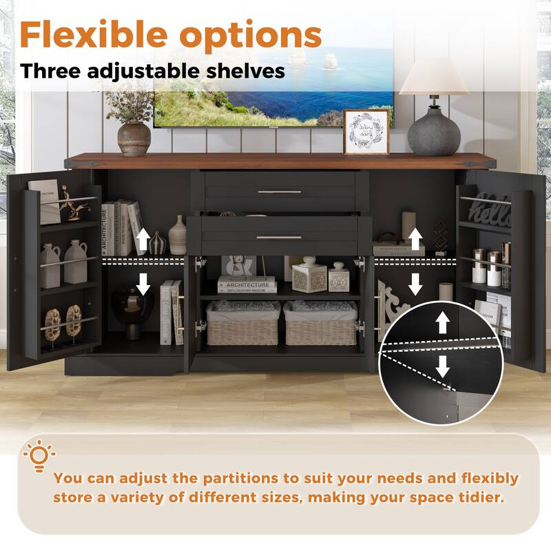 63"Barn Door Storage Cabinet with 2 Drawers & Door Rack, Large Buffet Table Coffee Bar Cabinets with Adjustable Shelves