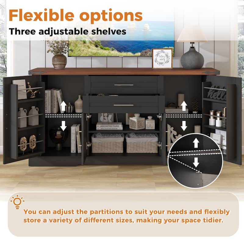 63 Inch Farmhouse Barn Door Buffet Cabinet with Drawers, Coffee Bar Storage Console with Adjustable Shelves