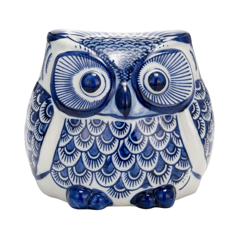 Ceramic Chinoiserie Handpainted Owl Figurine - Blue