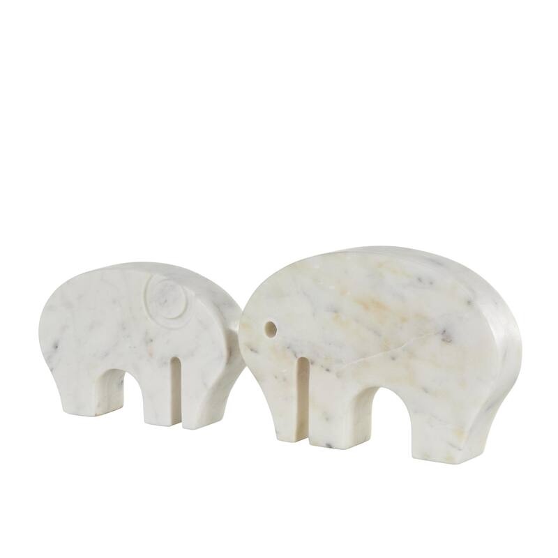 White Marble Rounded Abstract Elephant Decorative Sculpture with Gray Marble Veins and Cutouts (Set of 2)