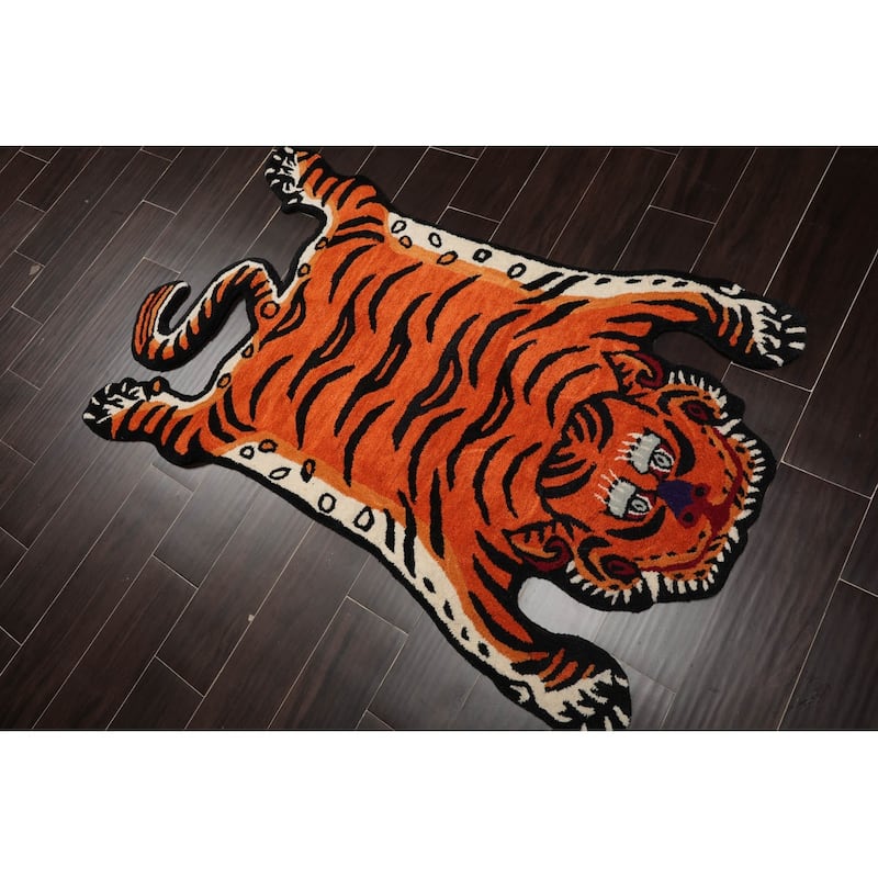 Hand Tufted Hand Made Wool Tiger Novelty Oriental Area Rug Orange - 3' x 5'