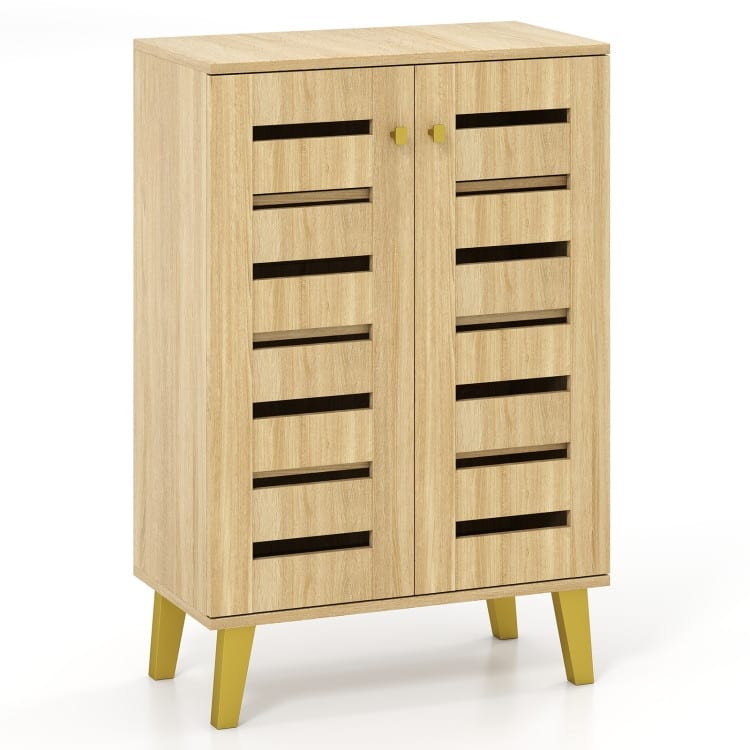 Oak MDF Wooden Shoe Cabinet with Louvered Doors and Removable Shelves - 24" x 13" x 36"