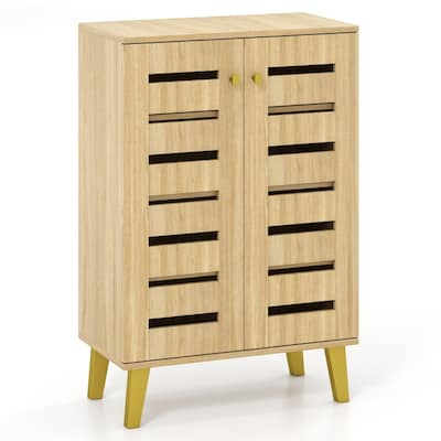 Oak MDF Wooden Shoe Cabinet with Louvered Doors and Removable Shelves - 24" x 13" x 36"