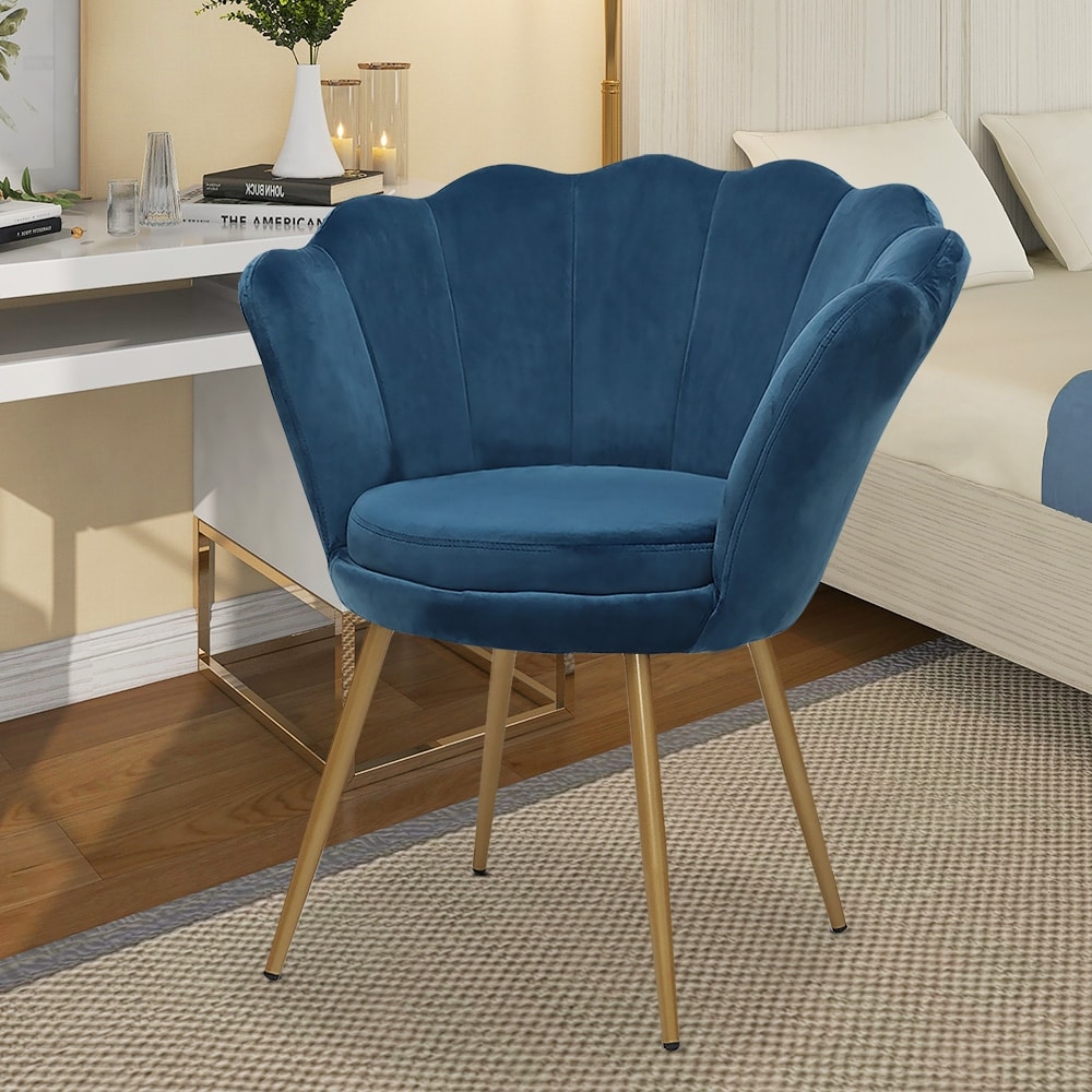 Blue Velvet Tub Chairs with Upholstered Seat Metal Legs Accent Armchair Living Room Lotus Shape Deco Chair Single Sofa 