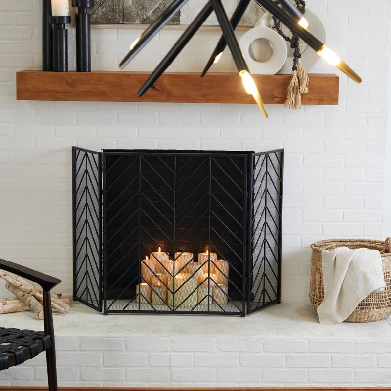 Metal Geometric Foldable Mesh Netting 3 Panel Fireplace Screen with Chevron Pattern - Gold, Black or Silver - Roche River Decor