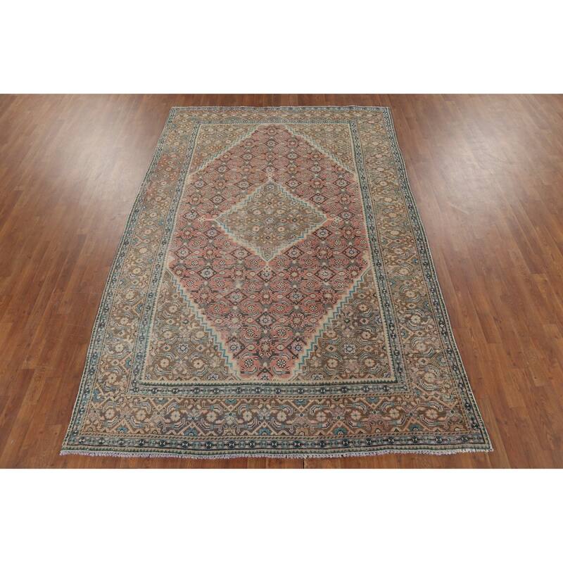 Pink Geometric Tabriz Persian Vintage Rug Hand-Knotted Wool Carpet - 6'7"x 9'9"