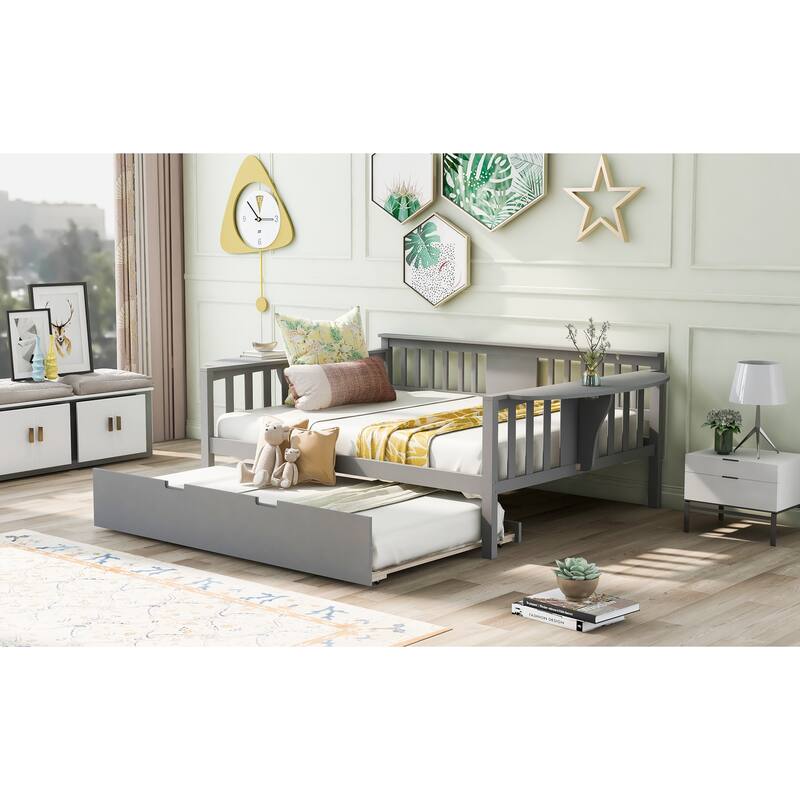Twin/Full Size Daybed with Trundle Bed, Wooden Sofa Bed for Kids' Rooms and Guest Rooms, Sturdy Pine Wood Frame