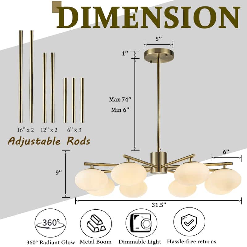 8-Light 32'' Mid Century Modern Opal Glass Chandelier Classic Globe Pendant Light For Dining Room Living Room - W32''