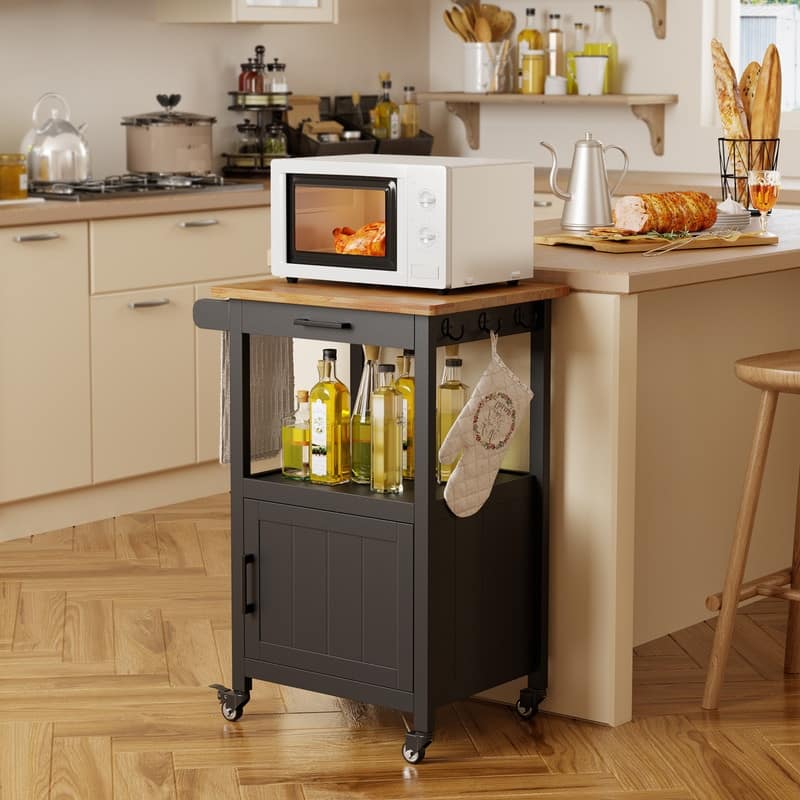 Wooden Kitchen Island Trolley Cart with Drawers - Black