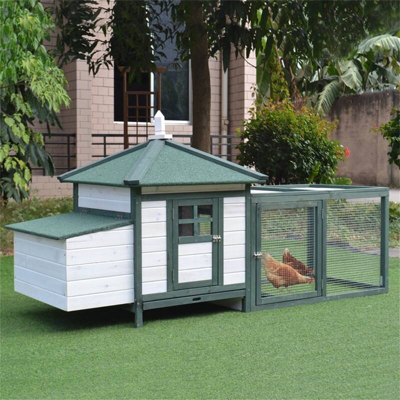 Pine Wood Hen House Coop with Nest Box and Steel Wire Protection - 77.25" L x 30" W x 38.25" H