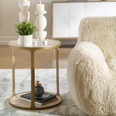 Travertine Side Table - 23.25" - Antique Brass Finish