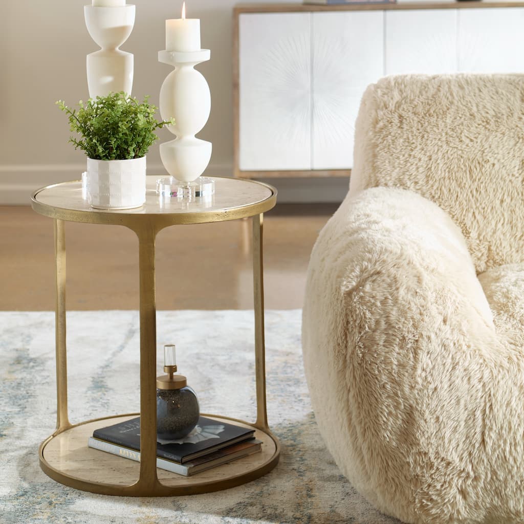 Travertine Side Table - 23.25" - Antique Brass Finish