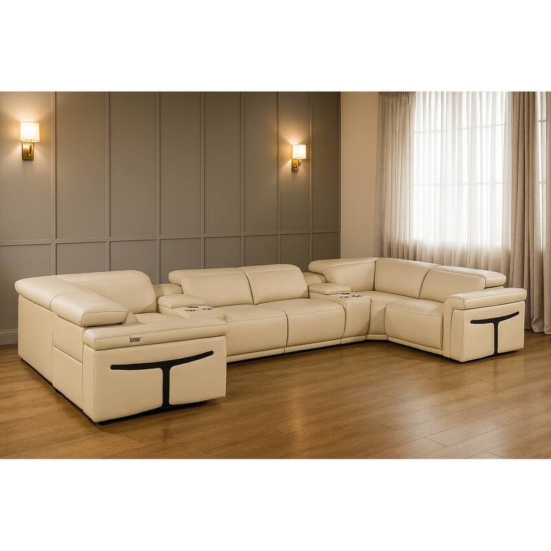 HomeRoots Beige Italian Leather Power Reclining U Shaped Eight Piece Sectional With Console - Symmetrical - Beige